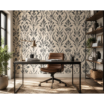 Rouleau de papier peint damassé Folk | Indigo et feuilles d'ikat crème | Non-tissé ou pelez et collez
