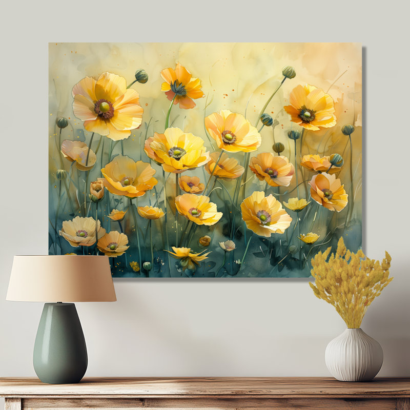 Décoration murale jaune avec bouton d'or jaune et brise de fleur III - Buttercups, Toile tendue, H 16 po x l 32 po x P 1 po