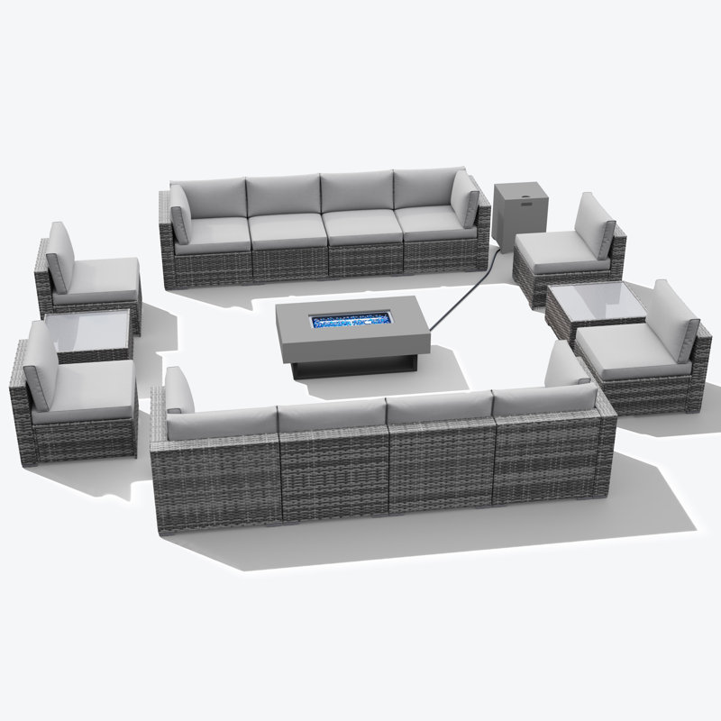 Wicker 12 - Person Outdoor Modular Patio Conversation Set With Fire Pit Table