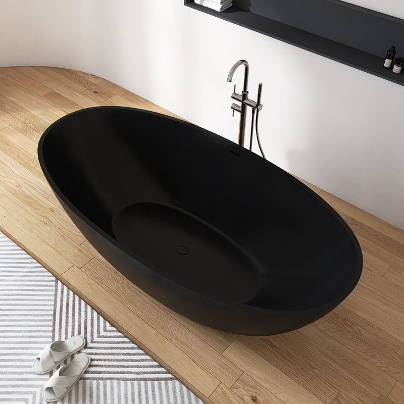 71'' X 35'' Freestanding Soaking Solid Surface Stone Resin Bathtub, Matte Black