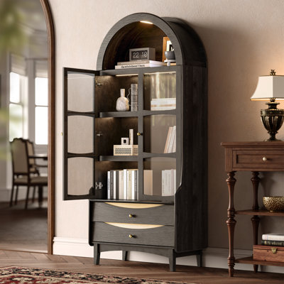 Arched Bookshelf with LED Lighting, Black Finish Storage Cabinet with Glass Doors and Drawers