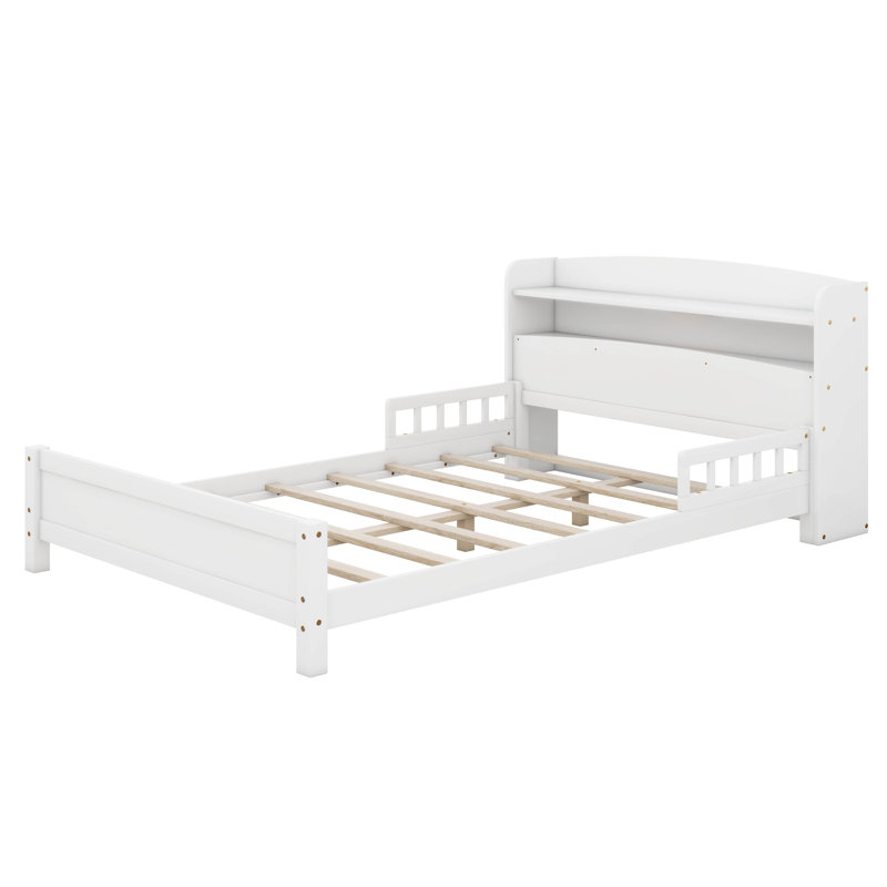 Structure de lit double avec rails, lit en bois avec capteur de mouvement à DEL et tête de lit bibliothèque, lit plateforme avec support à lattes