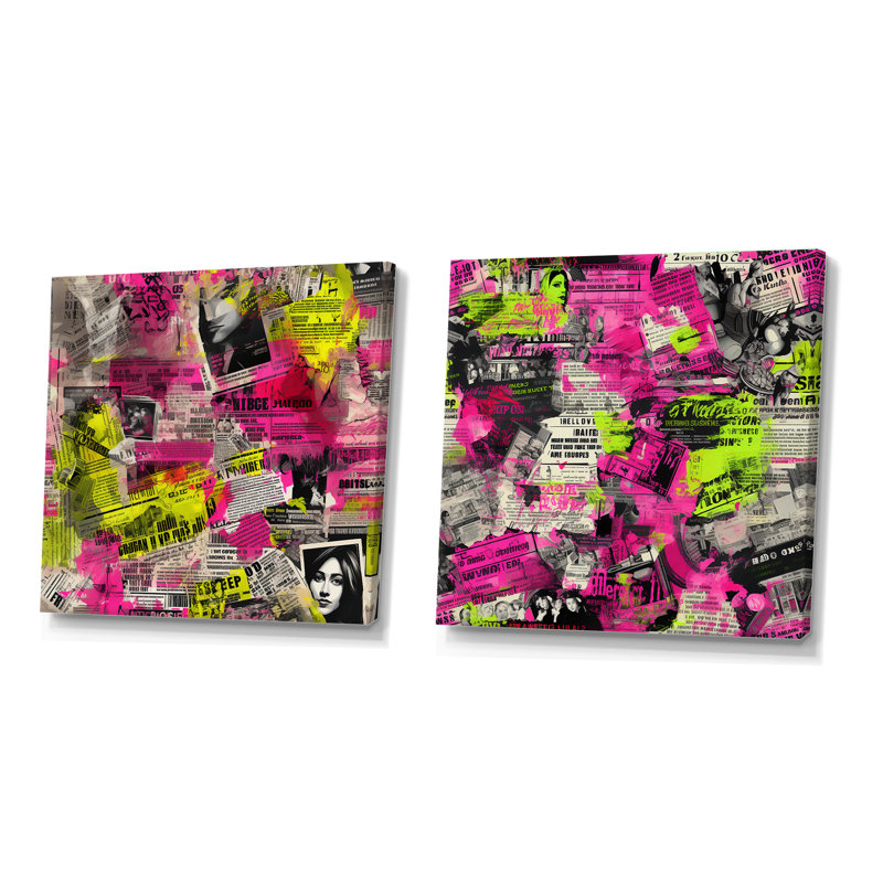 Popart rose néon collage de journal - abstrait carré collage ensemble de 2, Toile tendue, H 16 po x l 33 po