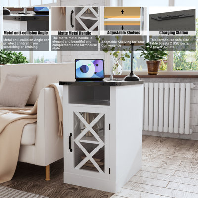 Nightstand with Charging Station, Farmhouse End Table & Barn Door, Adjustable Storage Shelf