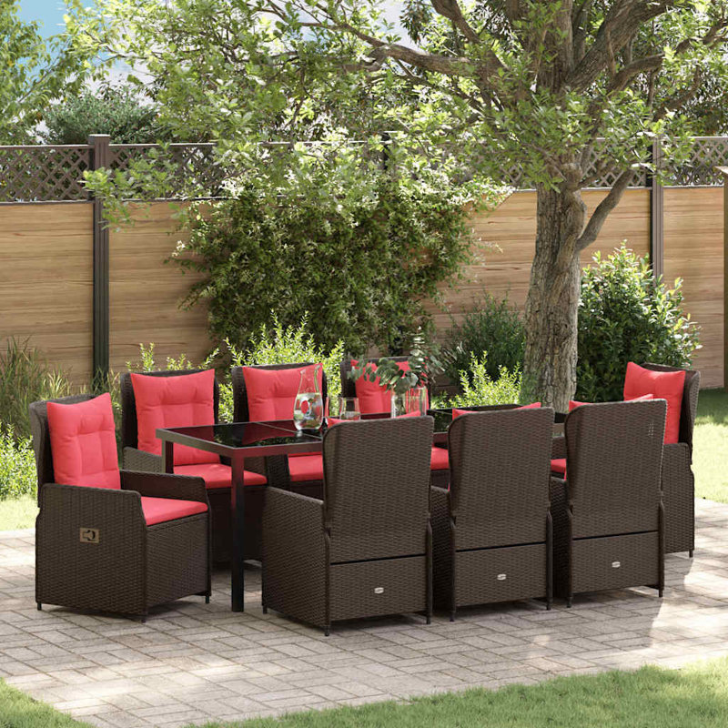  Ensemble de salle à manger de jardin avec coussin 9 pièces, Red Cushion/Brown Frame, 28.74" H x 78.74" W x 31.5" D, 8