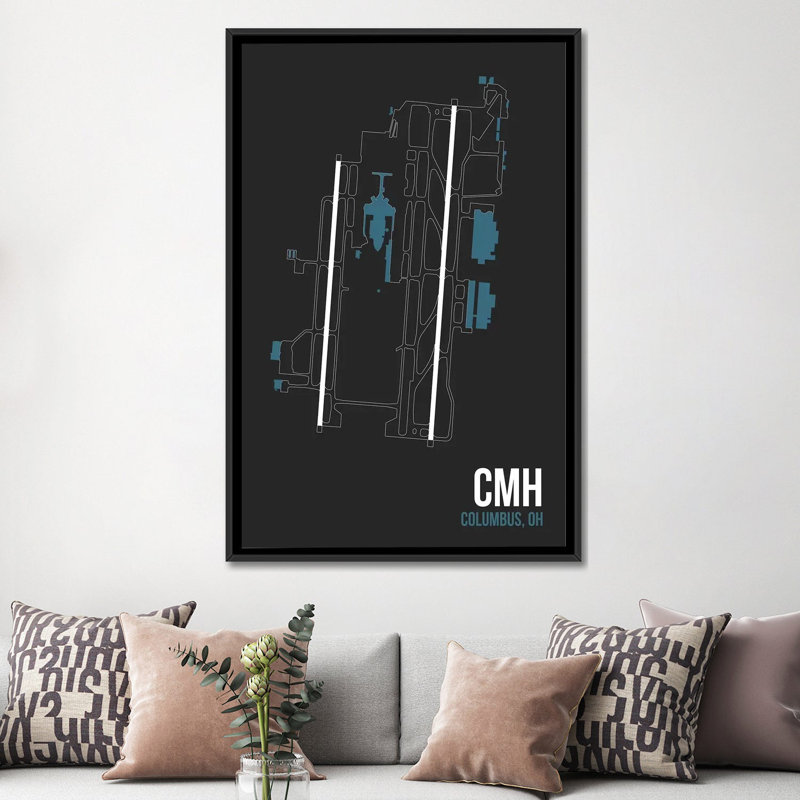 « columbus (john glen) », impression sur toile, "aéroport diagram, H 26 po x l 18 po x P 1,5 po, Toile avec cadre noir