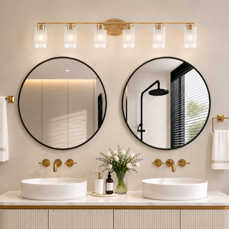 49.25" 6 - Light Dimmable Vanity Light with Glass Shade, Brushed Gold