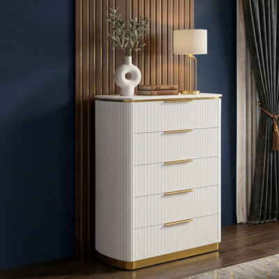 Commode 5 tiroirs Kingsley au fini or et blanc