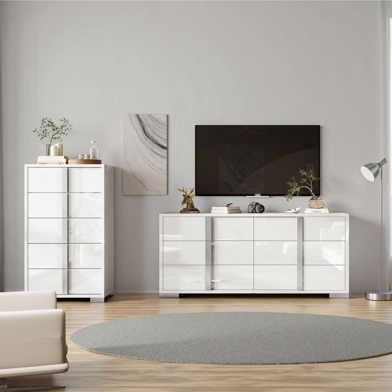 Dulane 2 Pieces Modern Highlgloss Bedroom Set, White, White