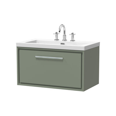 Hudson Reed Lille 600mm Fern Green 1 Drawer  Wall Hung Vanity Unit With 3 Tap Holes Fireclay Basin