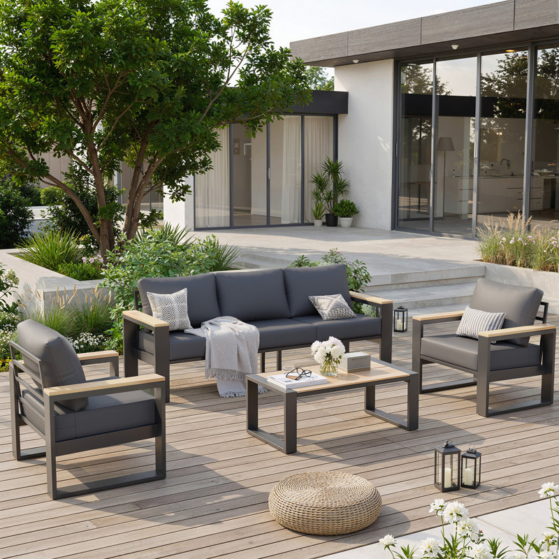 Ensemble de conversation extérieur 4 pièces, ensemble de mobilier de patio avec structure en aluminium comprenant un canapé 3 places, 2 fauteuils et une table basse, accoudoirs et plateau de table en plastique imitation bois, coussins ergonomiques de 12,7 cm d'épaisseur