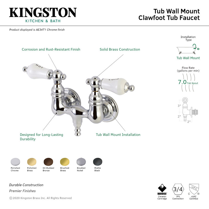 Kingston Brass Aqua Vintage Two-Handle 2-Hole Tub Wall Mount Clawfoot Tub Faucet, Polished Brass