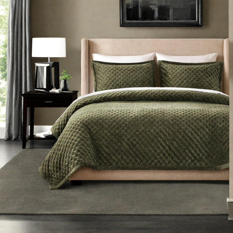Ensemble de literie King, couvre-lit matelassé en velours vert pour chambre moderne