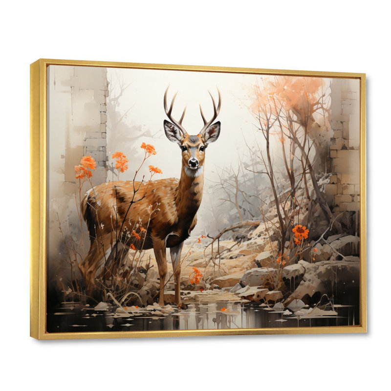 Cerf, élégance rustique - imprimé, H 34 po x l 44 po x P 1,5 po, Cadre flottant doré