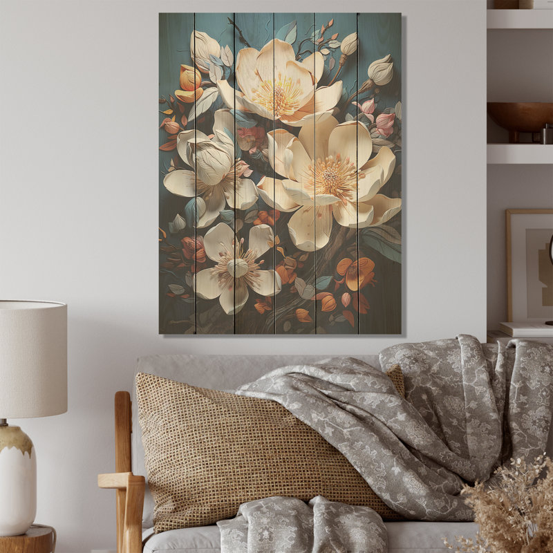 Magnolia beige et fleurs roses I - art mural en bois de magnolia sur bois de pin naturel, H 20 po x l 10 po