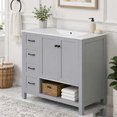 Meuble-lavabo 36 po avec comptoir d'évier, meuble-lavabo avec deux portes et deux tiroirs, bois massif, tablette ouverte