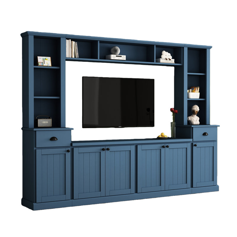 Meuble télé moderne bleu avec pont pour téléviseur de 75 po, tablettes réglables tout-en-un, unité de divertissement mural