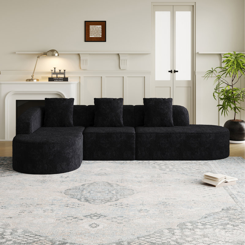 Canapé modulaire incurvé en forme de L de 111,8 pouces, design moderne avec tissu en polyester à poils longs texturé litchi, dossier incurvé avec trois coussins