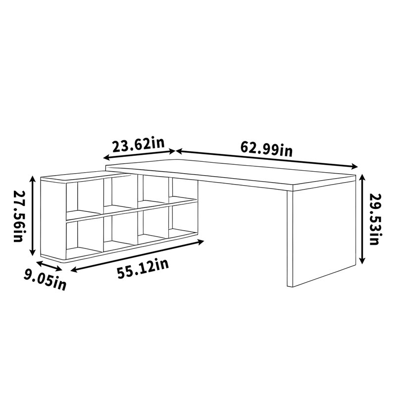 Un long bureau en bois massif noir avec armoires latérales, H 29,53 po x l 62,99 po x P 55,12 po