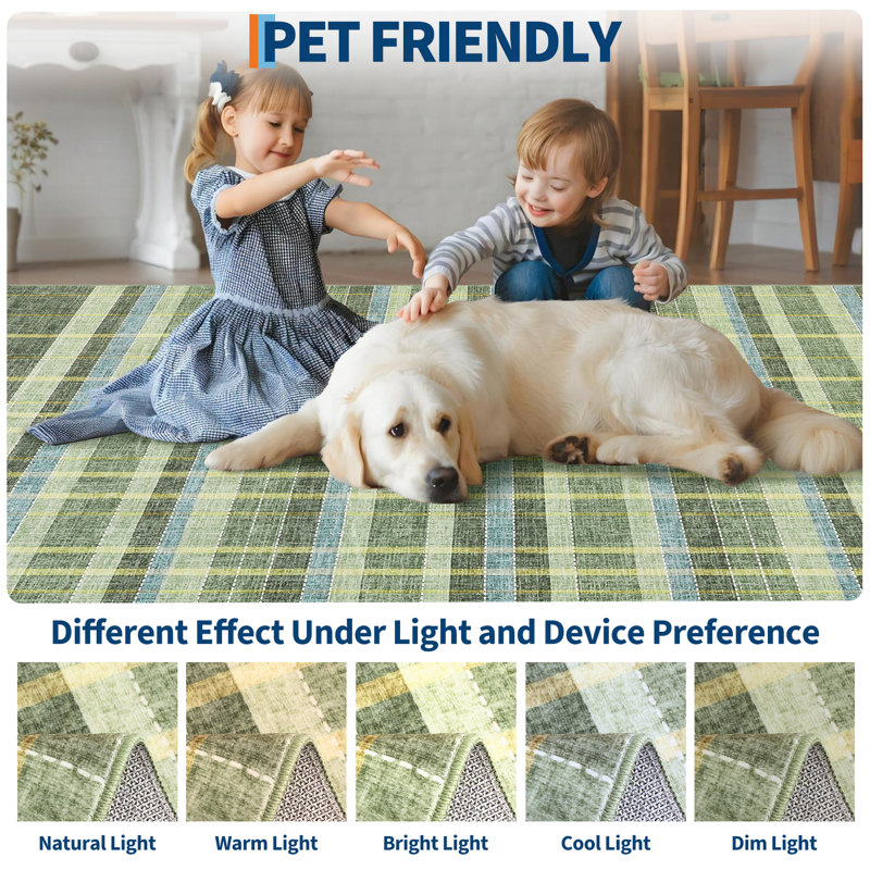 Tapis lavable à carreaux à poils courts avec envers antidérapant, Vert, 8*10ft