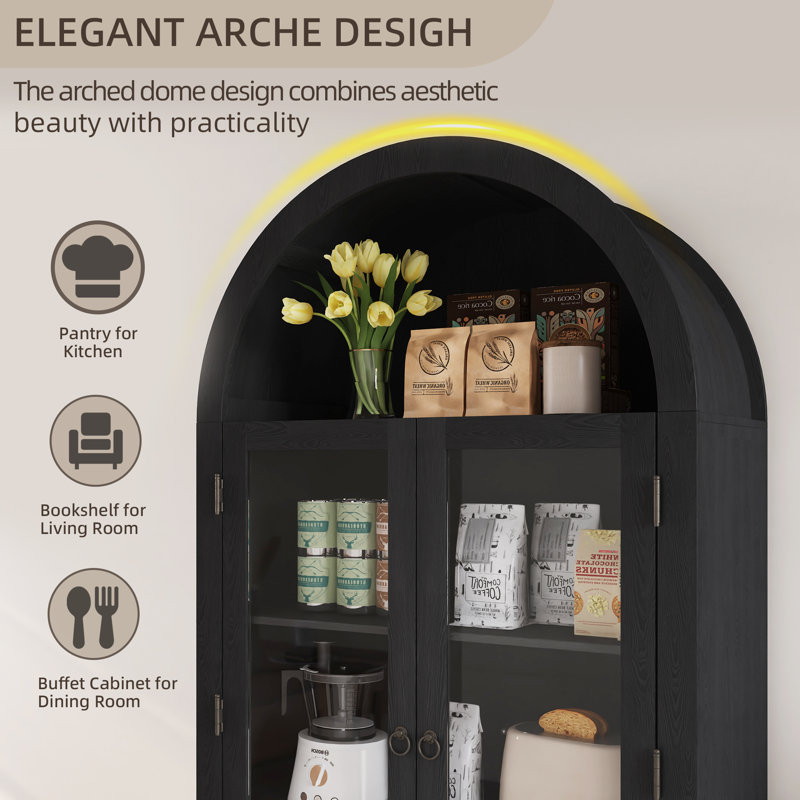 Black Arched Display Cabinets, 71'' H Tall Storage Cabinet With Glass Doors & Adjustable Shelves, For Dining Room, Black