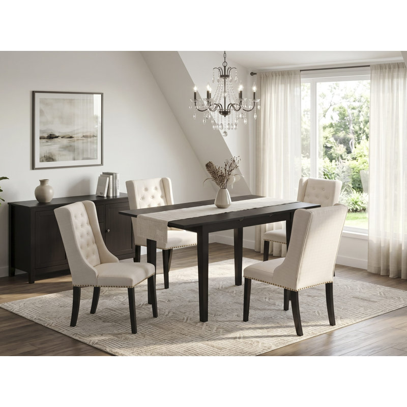 3-Piece Mahogany Finish Rectangular Solid Wood Top With Butterfly Leaf Dining Table Set, Black, Beige, 5