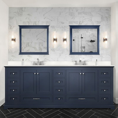 Navy Blue Double Bath Vanity 84 In. W X 22 In. D, Cultured Marble Top, And 34 In. Mirrors