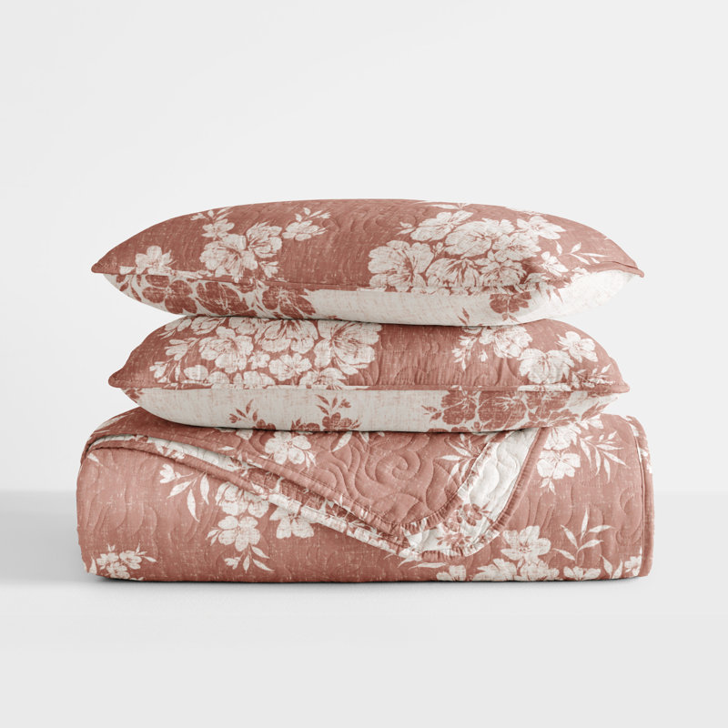 Quilt Set- Lightweight - All Season Quilted Coverlet - Distressed Bouquet, Terracotta, King Quilt + 2 King Shams
