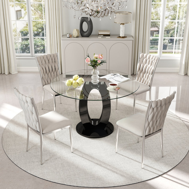 Ensemble de table de salle à manger haute brillance ronde en verre trempé, 5, Gris clair, Noir