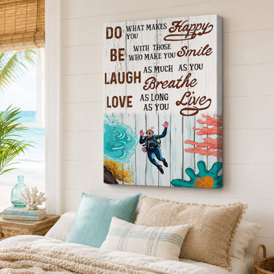 «Do What Makes You Happy Scuba Diver» sur toile blanche tendue sur bois - décor de salon, de chambre à coucher ou de bureau
