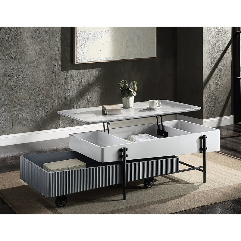 Table basse contemporaine grise et blanche avec système de rangement efficace