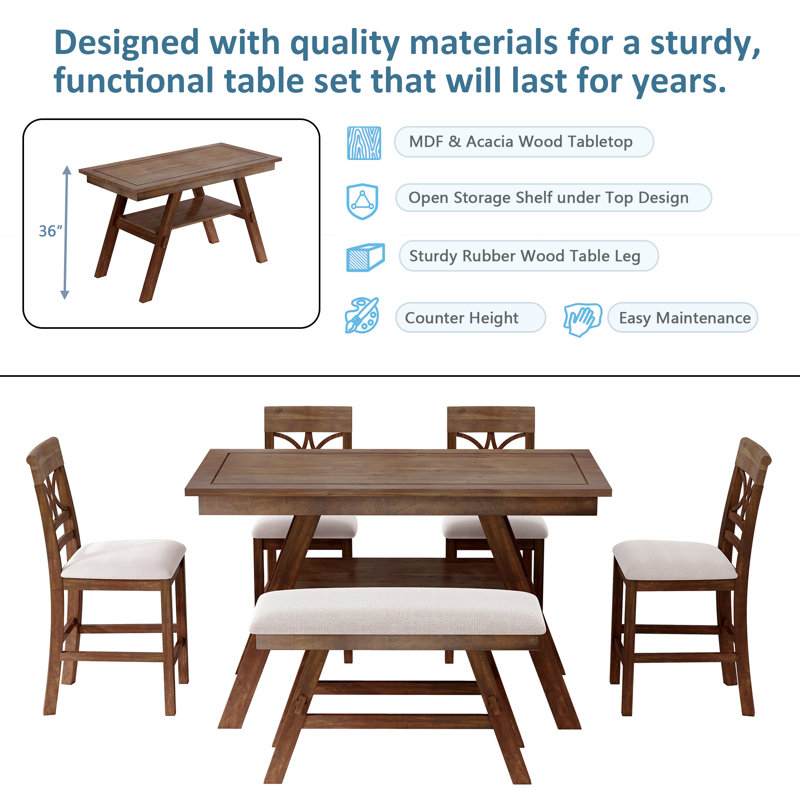 Ensemble de table de salle à manger 60 pièces en bois 60 po avec tablette de rangement et banc pour repas de cuisine élégants