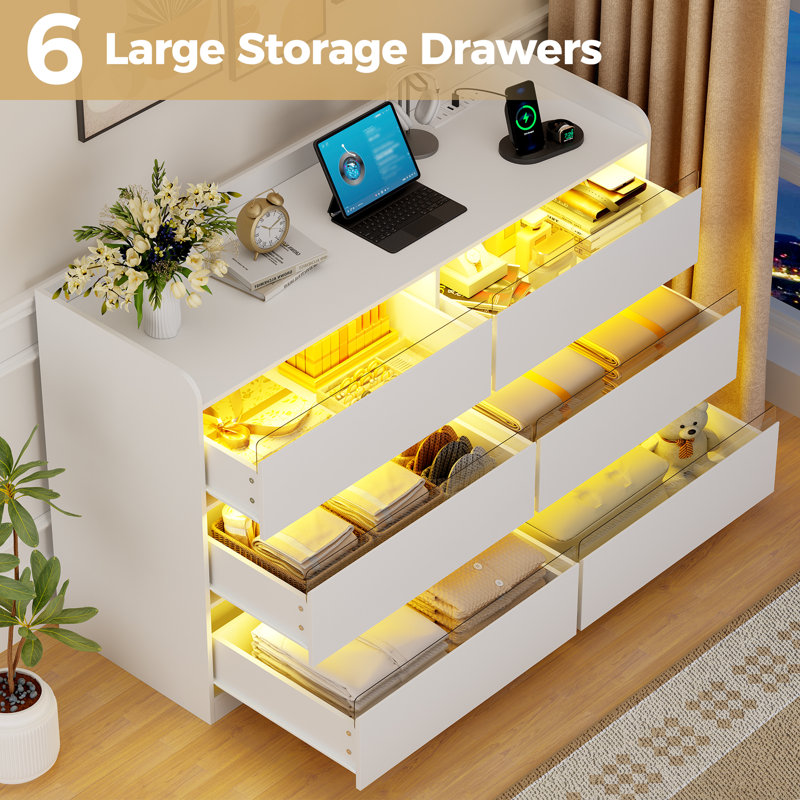 Adriel 6-Drawer 47.3" W Dresser with Power Outlet & LED Light, White