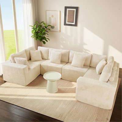 135.5" Beige Corduroy Modular Sectional Sofa: 6-Seater U-Shaped Couch With Reversible Chaise Lounge, Freely Configurable For Small Apartments/Living Rooms (Easy To Assemble)