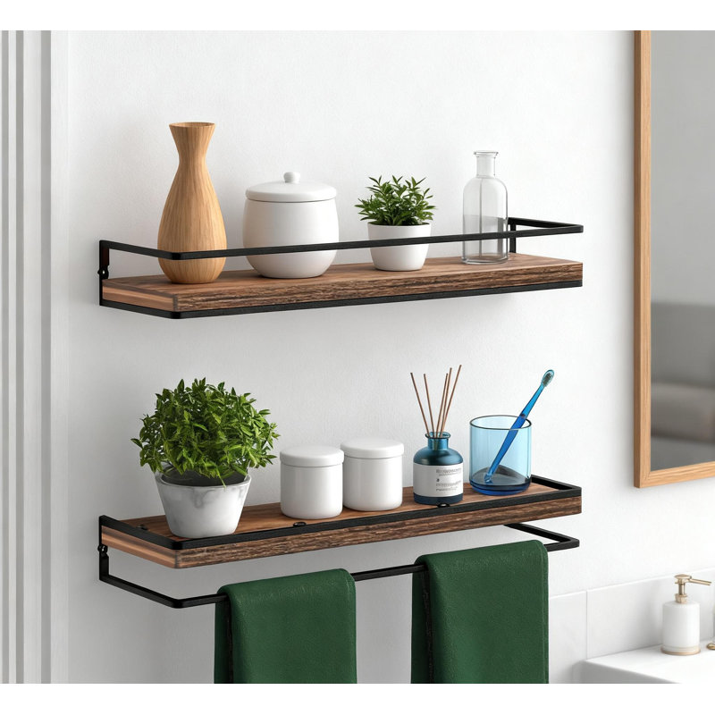 Floating Shelves Set Of 2, Rustic Wood Wall Mounted Storage Shelves For Bathroom, Kitchen, Living Room, Bedroom, Industrial Torched Wood Design With Protective Bar