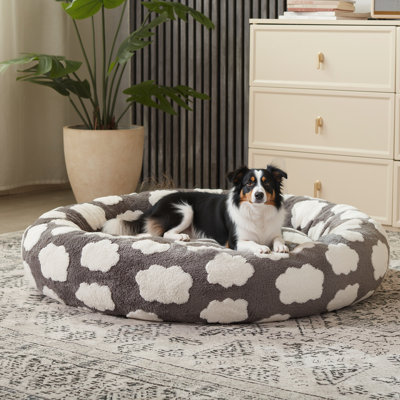 Lit mignon pour chien de taille moyenne, canapé orthopédique rond confortable, lits pour animaux lavables avec peluche jacquard à poils longs et antidérapant, gris