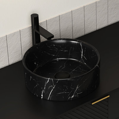 Bathroom Sink 14'' Round Ceramic, Stone Pattern, Matte Black Finish, Atmospheric And Stain - Proof, , 14.32 In Depth Ceramic Sink, Black, Atmospheric, , Easy To Care, 4.73 Height,