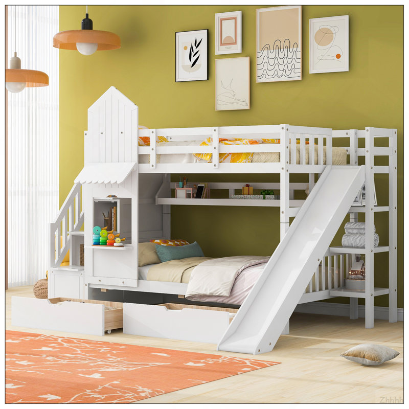 Lit superposé simple au-dessus d'un lit simple avec 2 tiroirs, 3 tablettes et glissade - blanc, Blanc