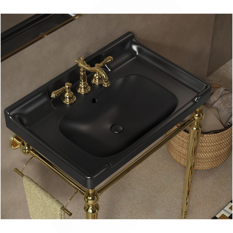 Lavabo de salle de bain 28 po en céramique avec 3 trous pré-percés, sans armoire et robinet, noir, Noir