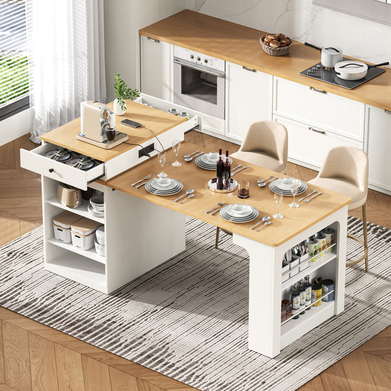 59.5" Kitchen Island With Extendable Dining Table - Double-sided Storage, 2 Drawers, Power Outlet & Side Open Shelves, White - Kitchen Dining Room Furniture