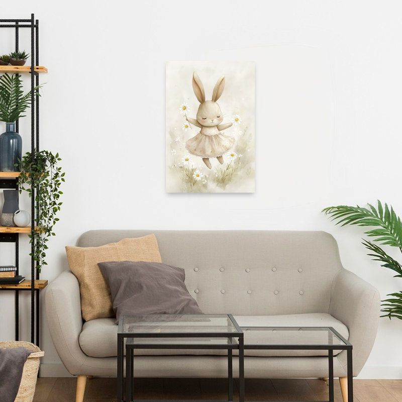 Dancing Daisy Bunny Dreamy Abstract Contemporary Daisy Rabbit Flower Nature Wall Art Print 1 Piece Wrapped Canvas Wall Art