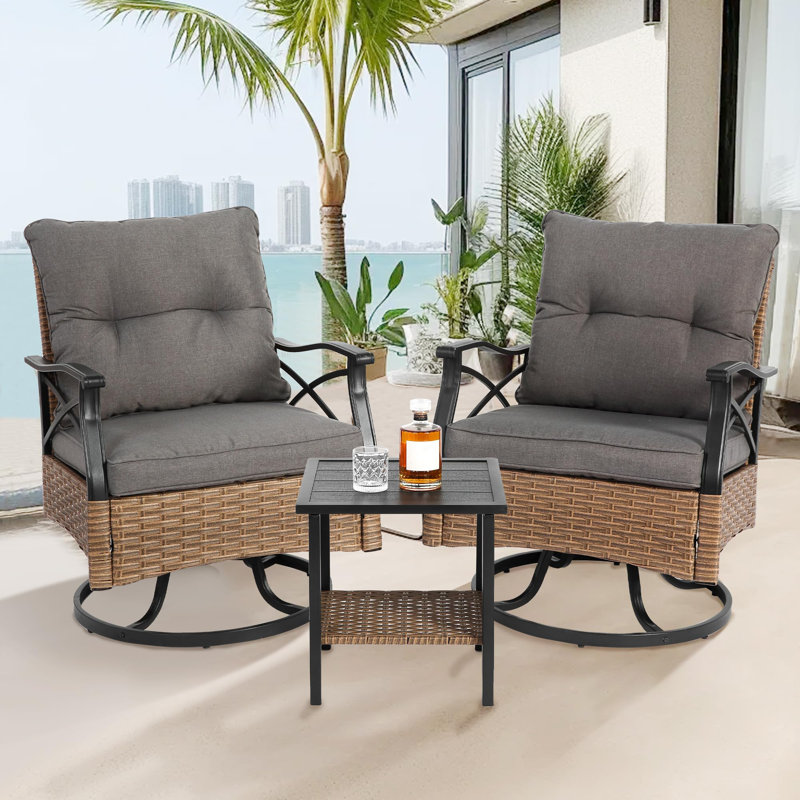3-Piece Outdoor Conversation Set with Wicker Swivel Rocking Chairs and Side Table