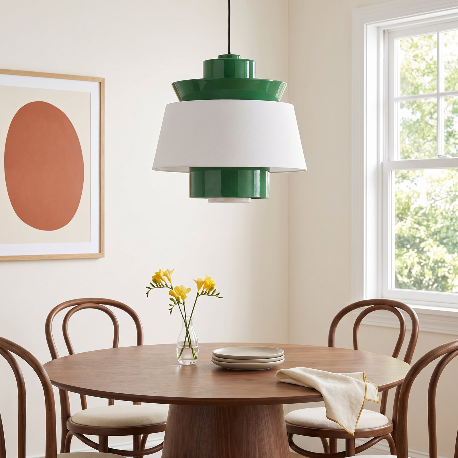 Ricarda Single Light Pendant, Hunter Green Inner, 14" H x 16" W x 16" D