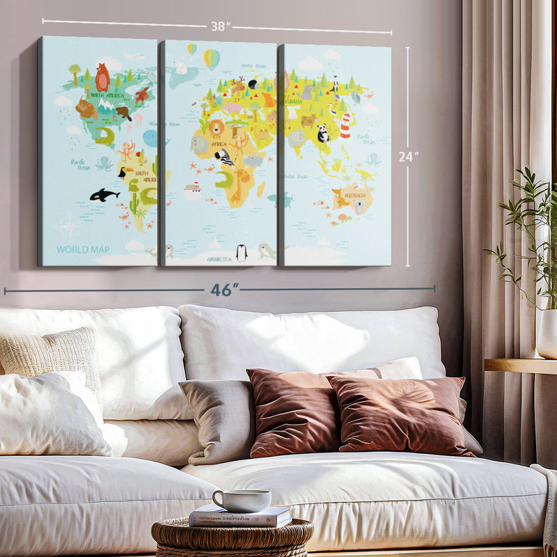 "Carte du monde des animaux" sur toile, H 24 po x l 38 po x P 1,25 po