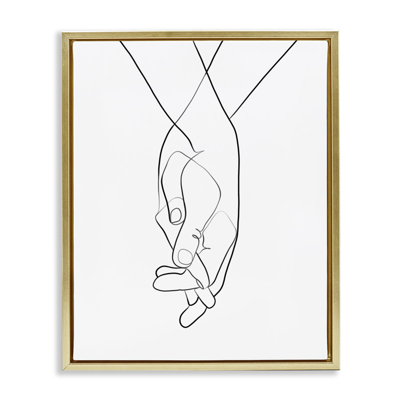 " Hands Intertwined Romantic Gesture Minimal Linework " by Ros Ruseva, 31" H x 25" W x 1.7" D, Metallic Gold Floater Frame