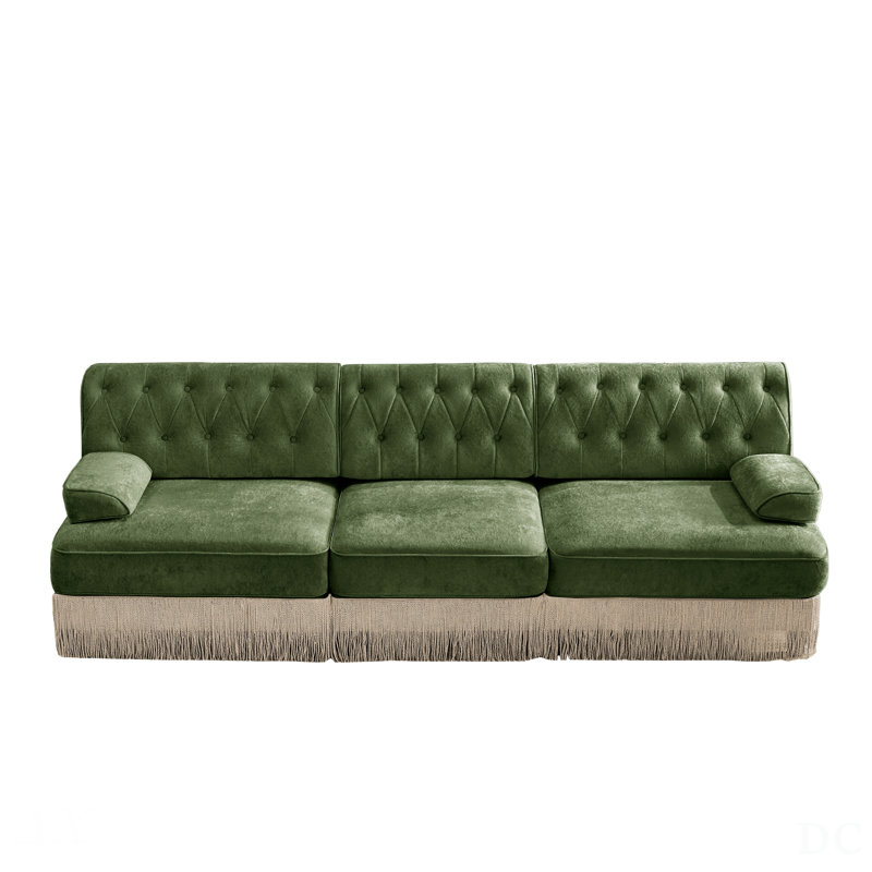 3-Seater Velvet Cloud Modular Sectional With Tassel Skirt, Button Tufted Design, High-Density Foam, And Premium Wooden Base For Living Room