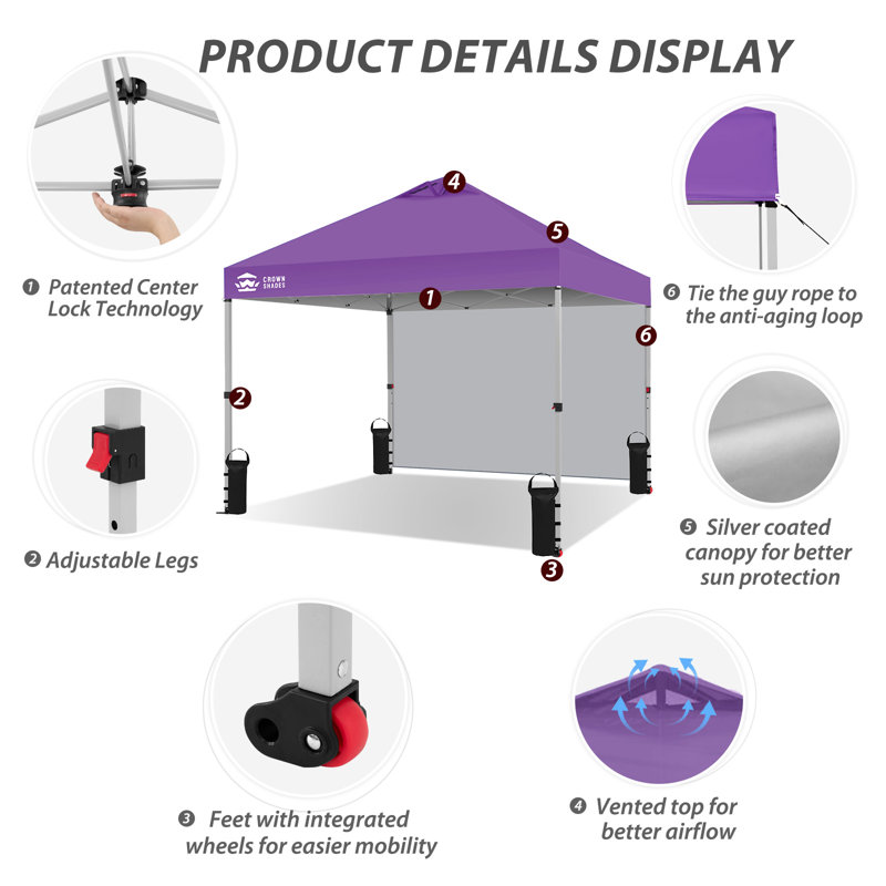 10 Ft. W x 10 Ft. D Steel Pop-Up Canopy Beach Tent with 1 Side Wall, Purple