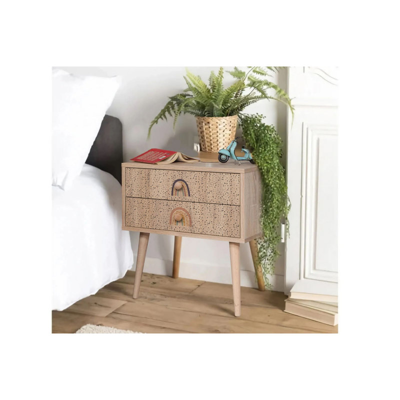 Bohemian Nightstand with Wooden Legs, 23.6 x 24.0 x 15.7 inches | 100% Melamine Coated Particle Board, UV Digital Printing | Features Multiple Shelves, Wall-Mountable Design & Additional Storage for Stylish Bedrooms