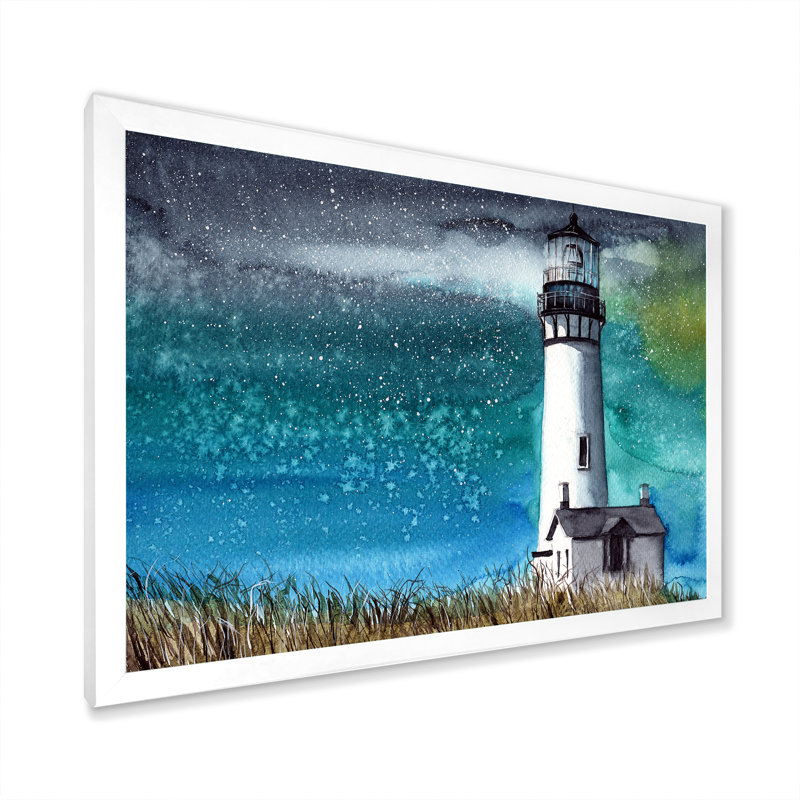 Un phare sur la colline de Grassy la nuit - peinture sur toile, H 24 po x l 32 po, Cadre photo blanc