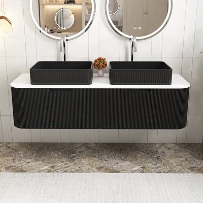 Meuble-lavabo mural de 60 po de couleur noire pré-assemblé avec 2 lavabos rectangulaires en céramique noire